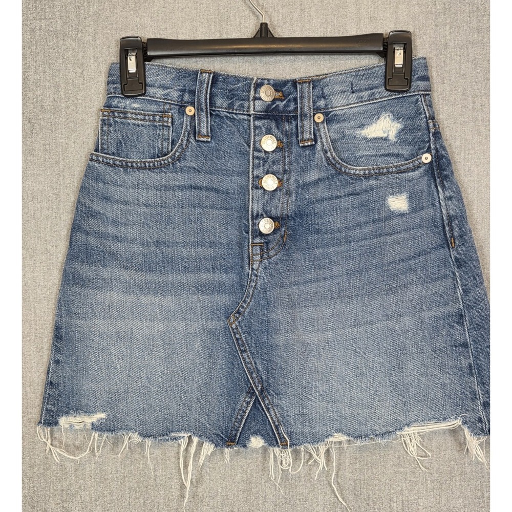 Madewell‎ Rigid Denim A-Line Mini Skirt Women's Size 26 Button Front Distressed
